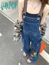 Lunivop Women’s Letter Embroidery Blue Denim Rompers Strap Pants Spring Autumn Fashion Casual